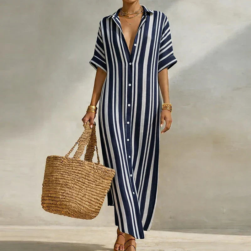 Brenna - Women's Maxi Dress with Stripe and Collar - photo 2