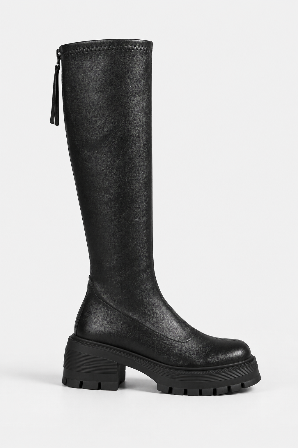 Women's Chunky Knee High Boots with Lug Sole - Black