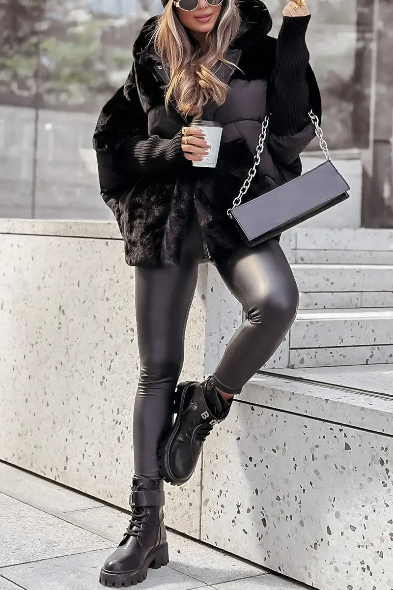 Women's Quilted Winter Cape with Hood and Faux Fur Collar - photo 5