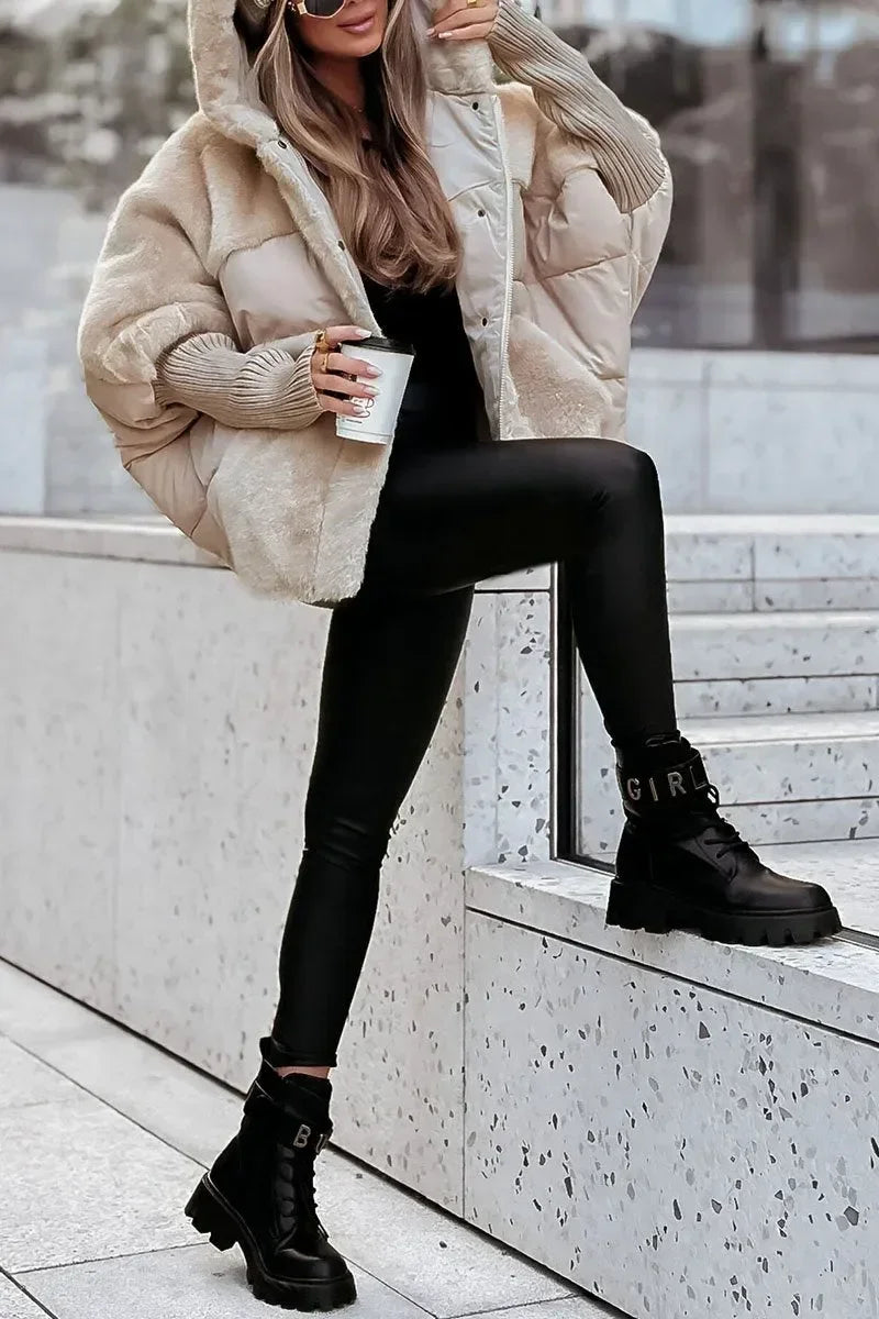 Women's Quilted Winter Cape with Hood and Faux Fur Collar - photo 10