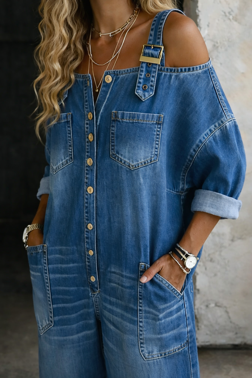 Carleen - Women's Off Shoulder Denim Jumpsuit - photo 2
