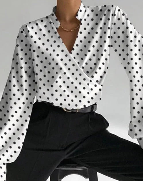 Yasmin - Blusa da donna con scollo a V e maniche lunghe aderenti
