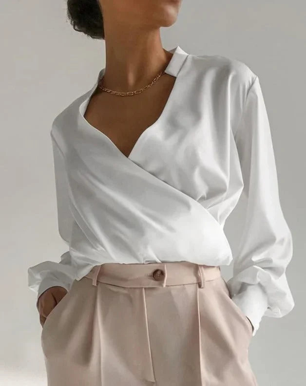 Yasmin - Blusa da donna con scollo a V e maniche lunghe aderenti