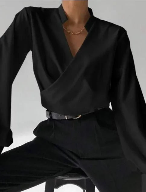 Yasmin - Blusa da donna con scollo a V e maniche lunghe aderenti
