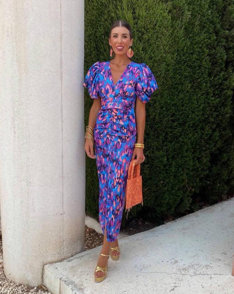 Cheryl | Wedding guest Midi Dress with V Neck and Puff Sleeves