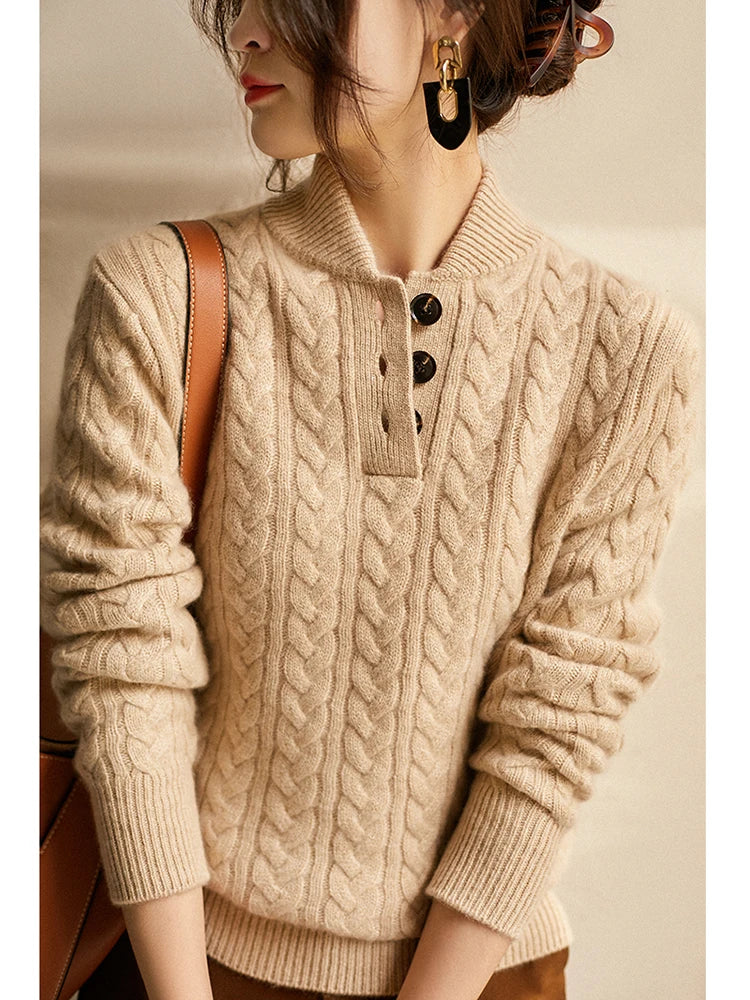 Clara - Women's Cable Knit Jumper with Button Front - photo 11
