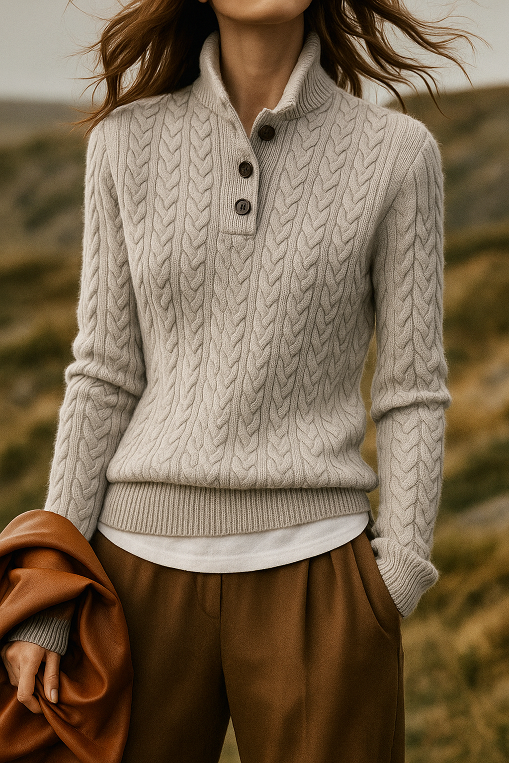 Clara - Women's Cable Knit Jumper with Button Front - photo 4