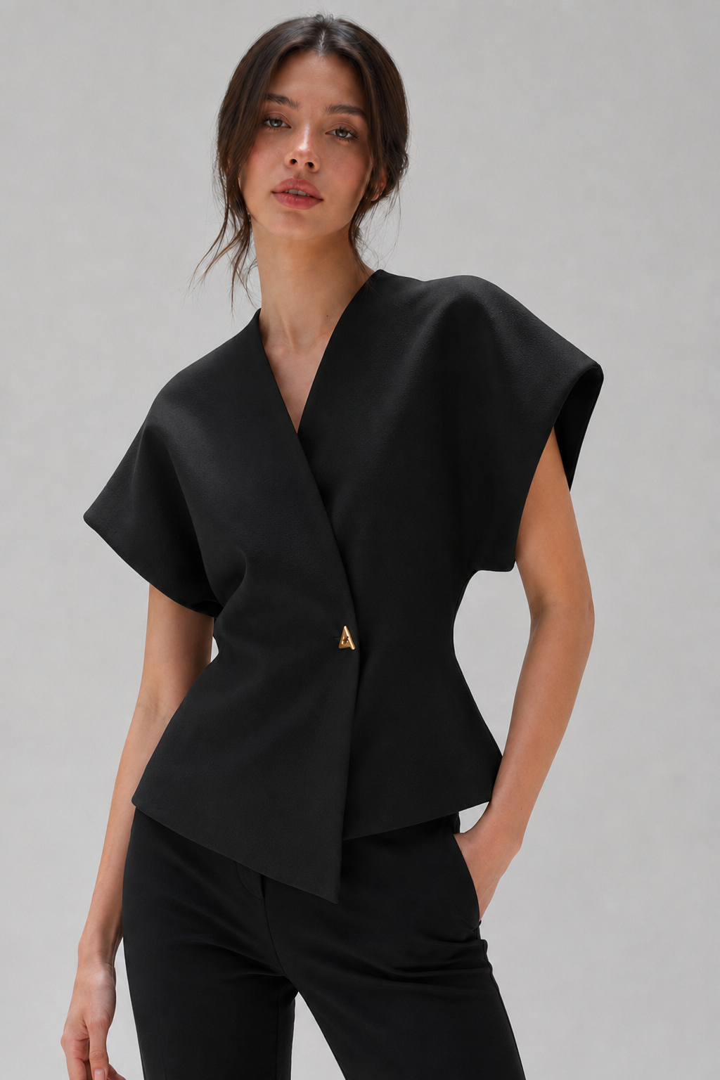 Women's Wrap Front Peplum Top with Cap Sleeves - Black