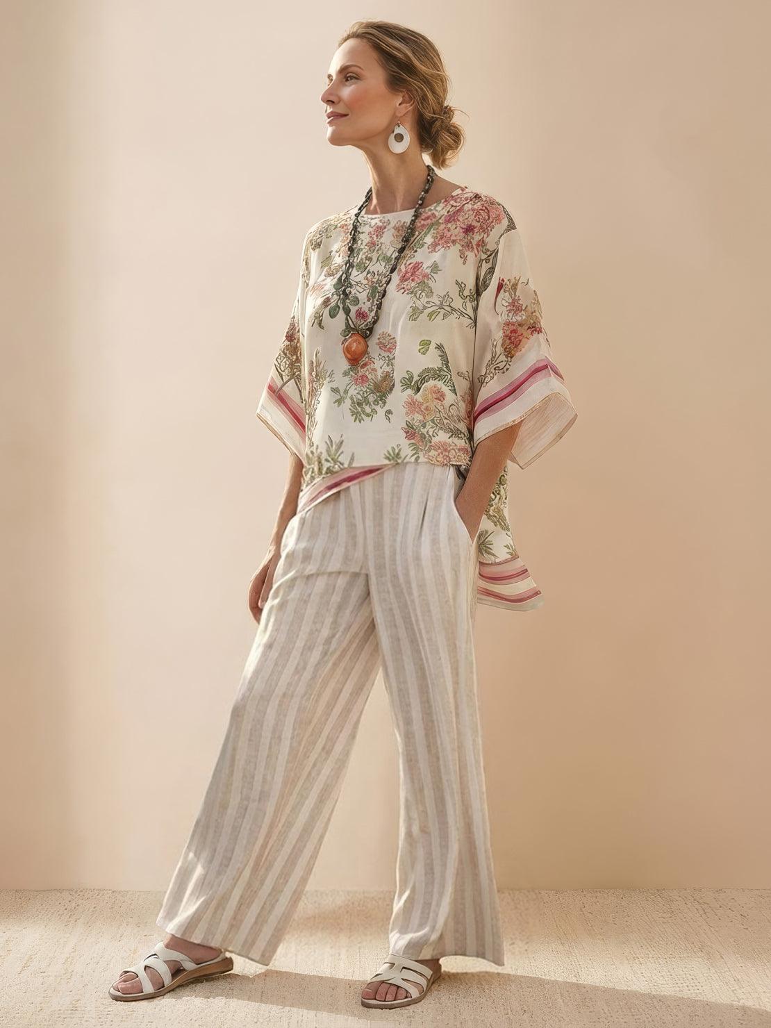 Women's Striped Two Piece Set with Tee and Wide Leg Trousers