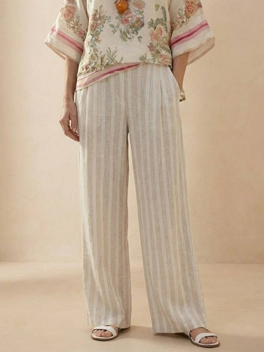 Women's Striped Two Piece Set with Tee and Wide Leg Trousers