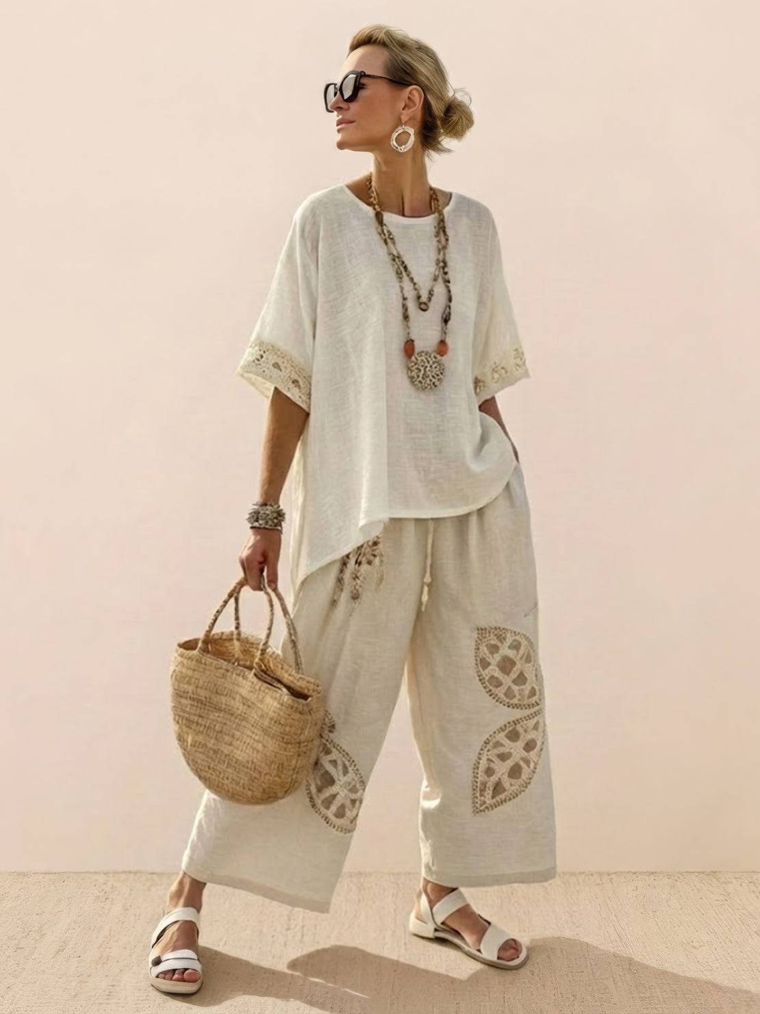 Women's Striped Two Piece Set with Tee and Wide Leg Trousers