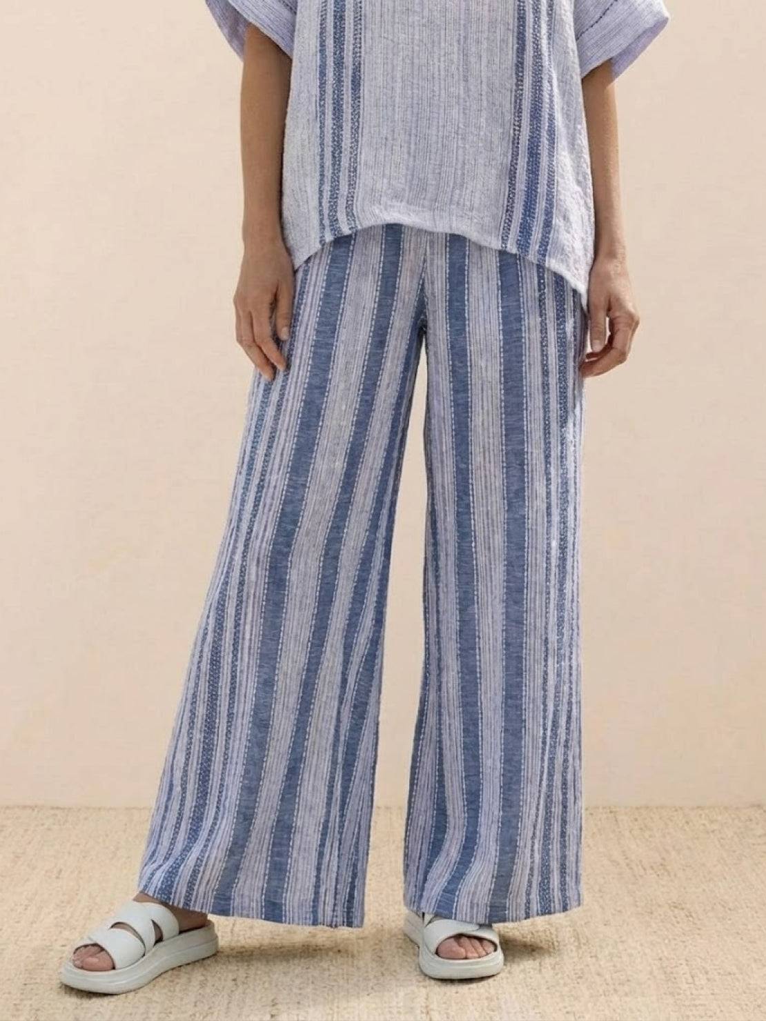 Women's Striped Two Piece Set with Tee and Wide Leg Trousers