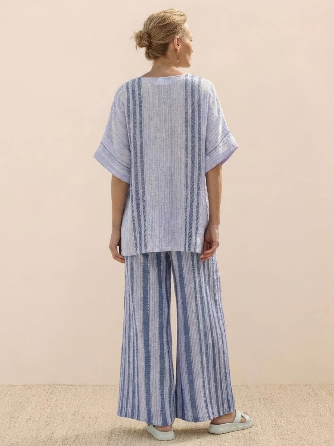 Women's Striped Two Piece Set with Tee and Wide Leg Trousers