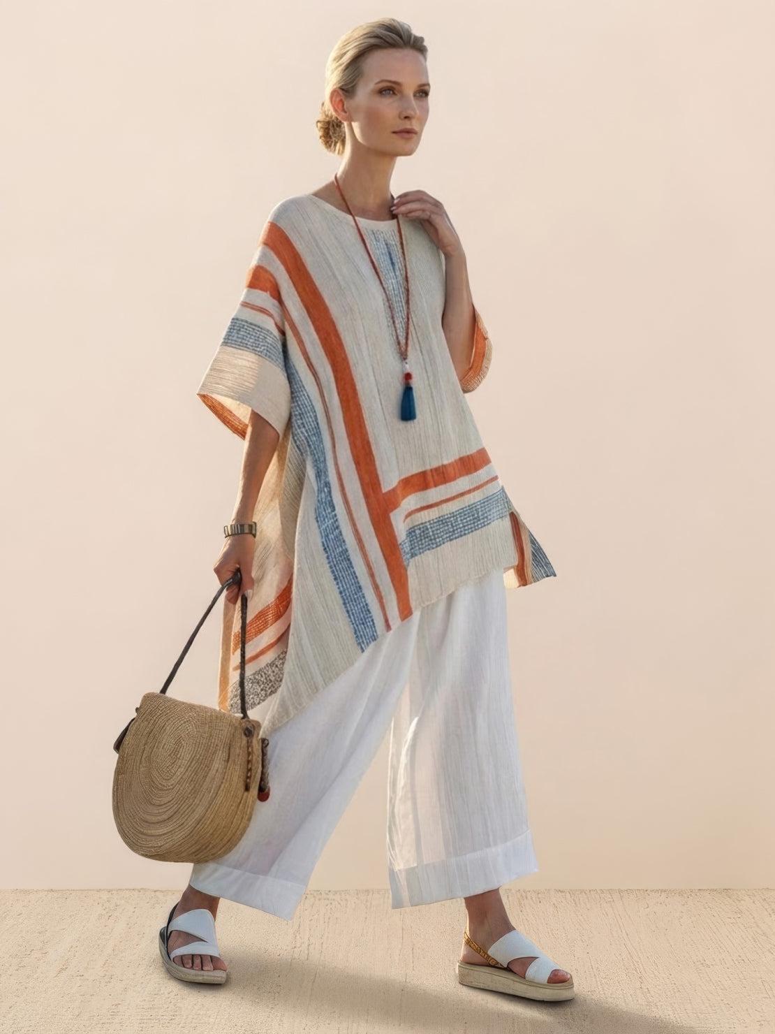 Women's Striped Two Piece Set with Tee and Wide Leg Trousers