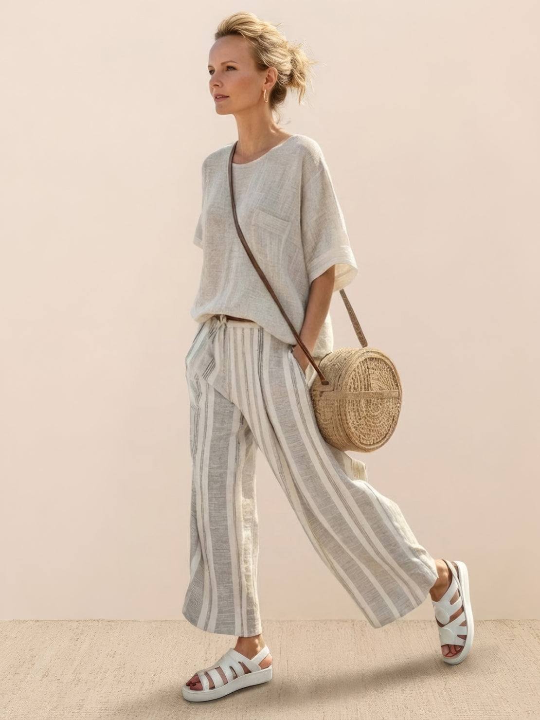 Women's Striped Two Piece Set with Tee and Wide Leg Trousers