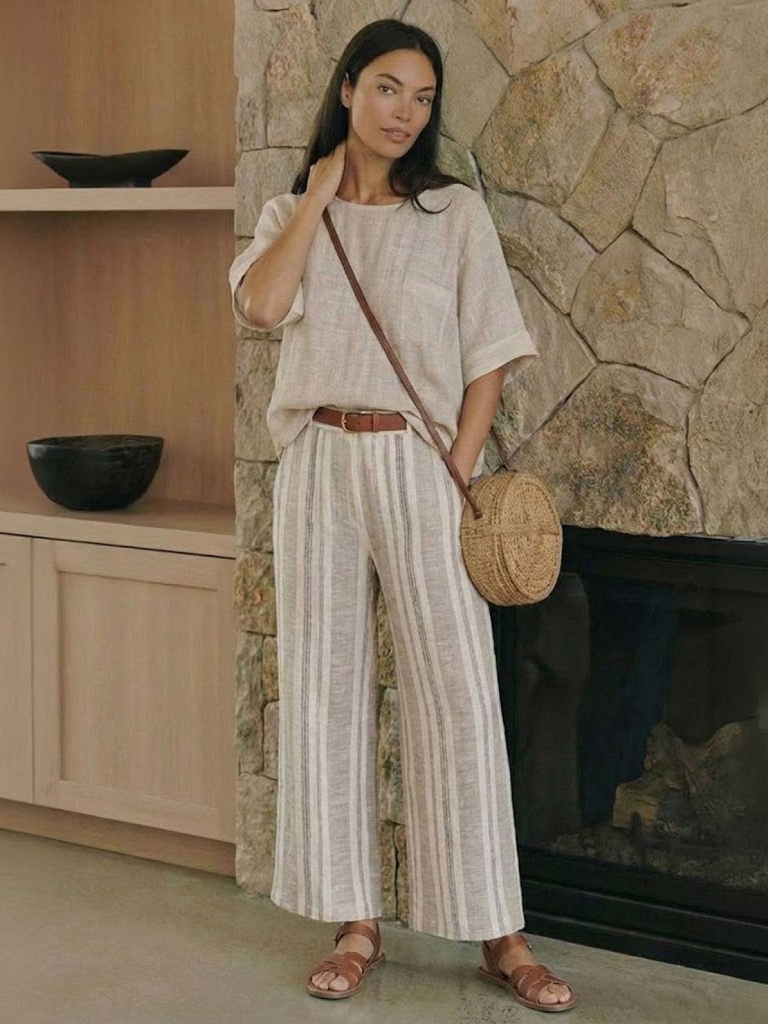 Women's Striped Two Piece Set with Tee and Wide Leg Trousers