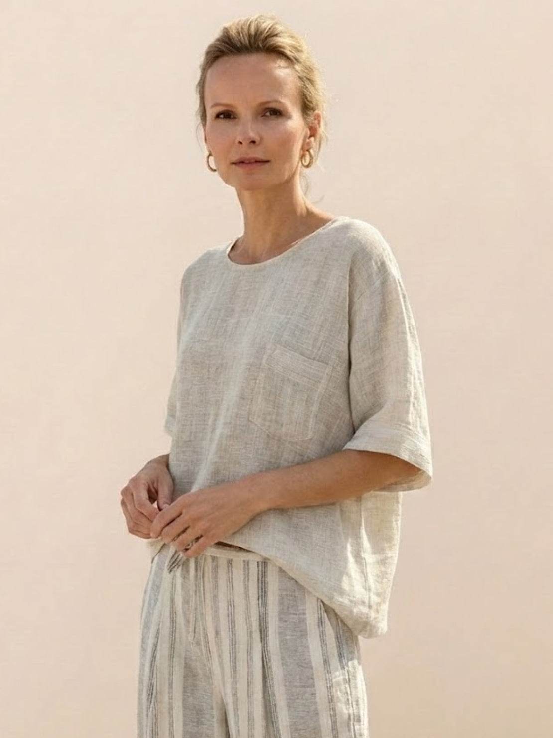 Women's Striped Two Piece Set with Tee and Wide Leg Trousers