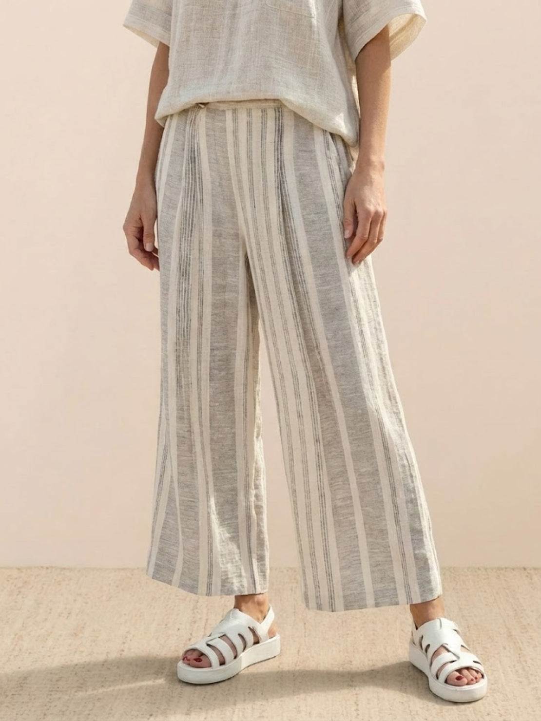 Women's Striped Two Piece Set with Tee and Wide Leg Trousers