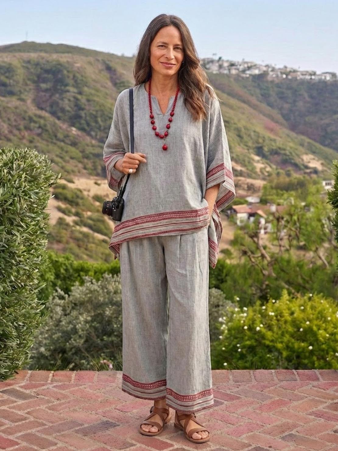 Women's Striped Two Piece Set with Tee and Wide Leg Trousers