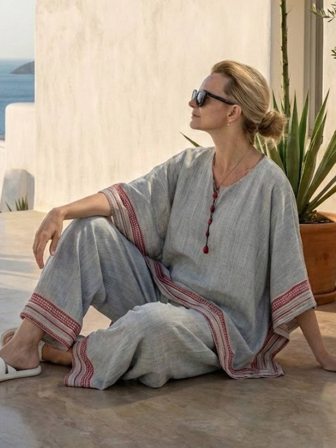 Women's Striped Two Piece Set with Tee and Wide Leg Trousers
