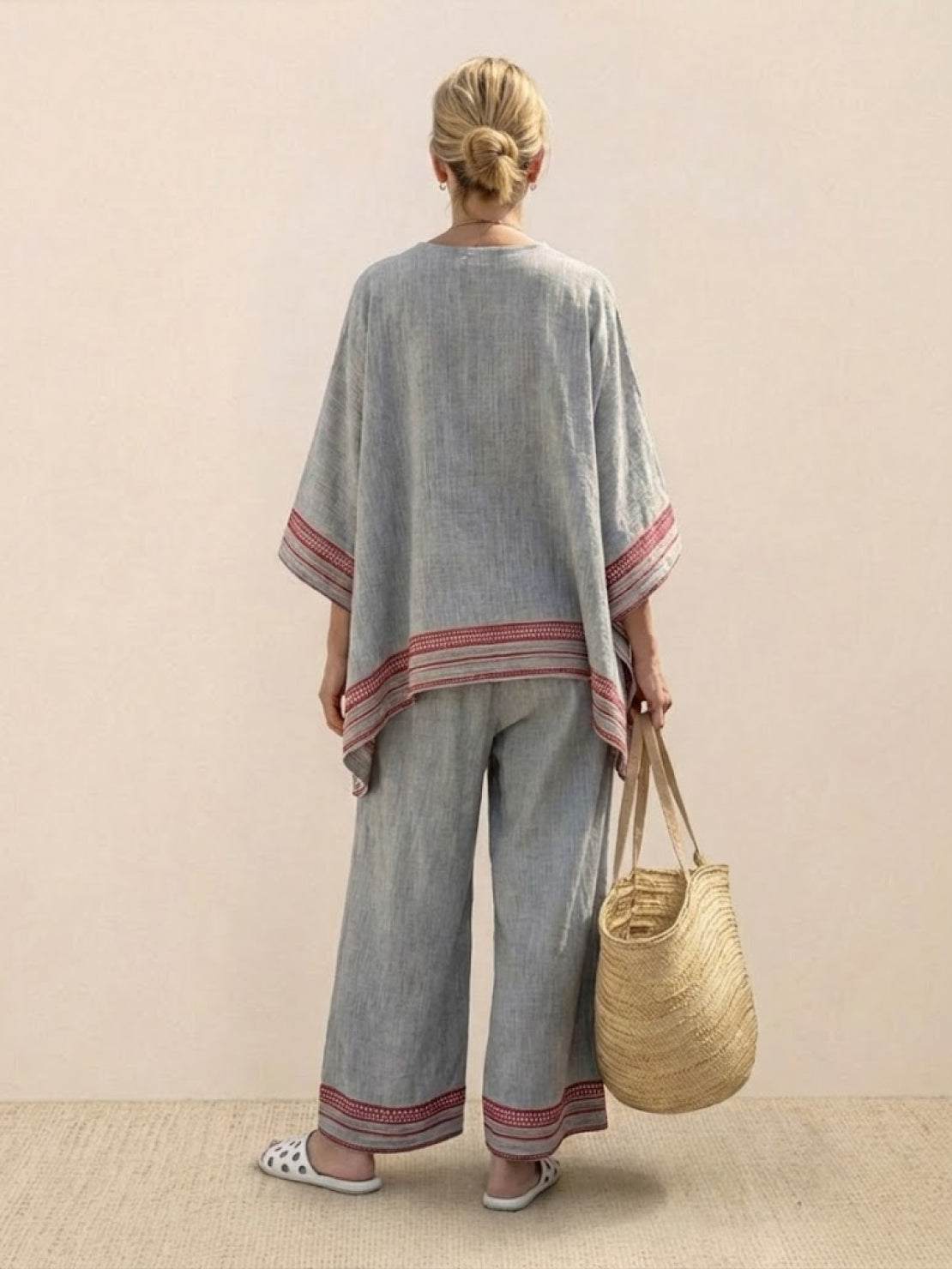 Women's Striped Two Piece Set with Tee and Wide Leg Trousers