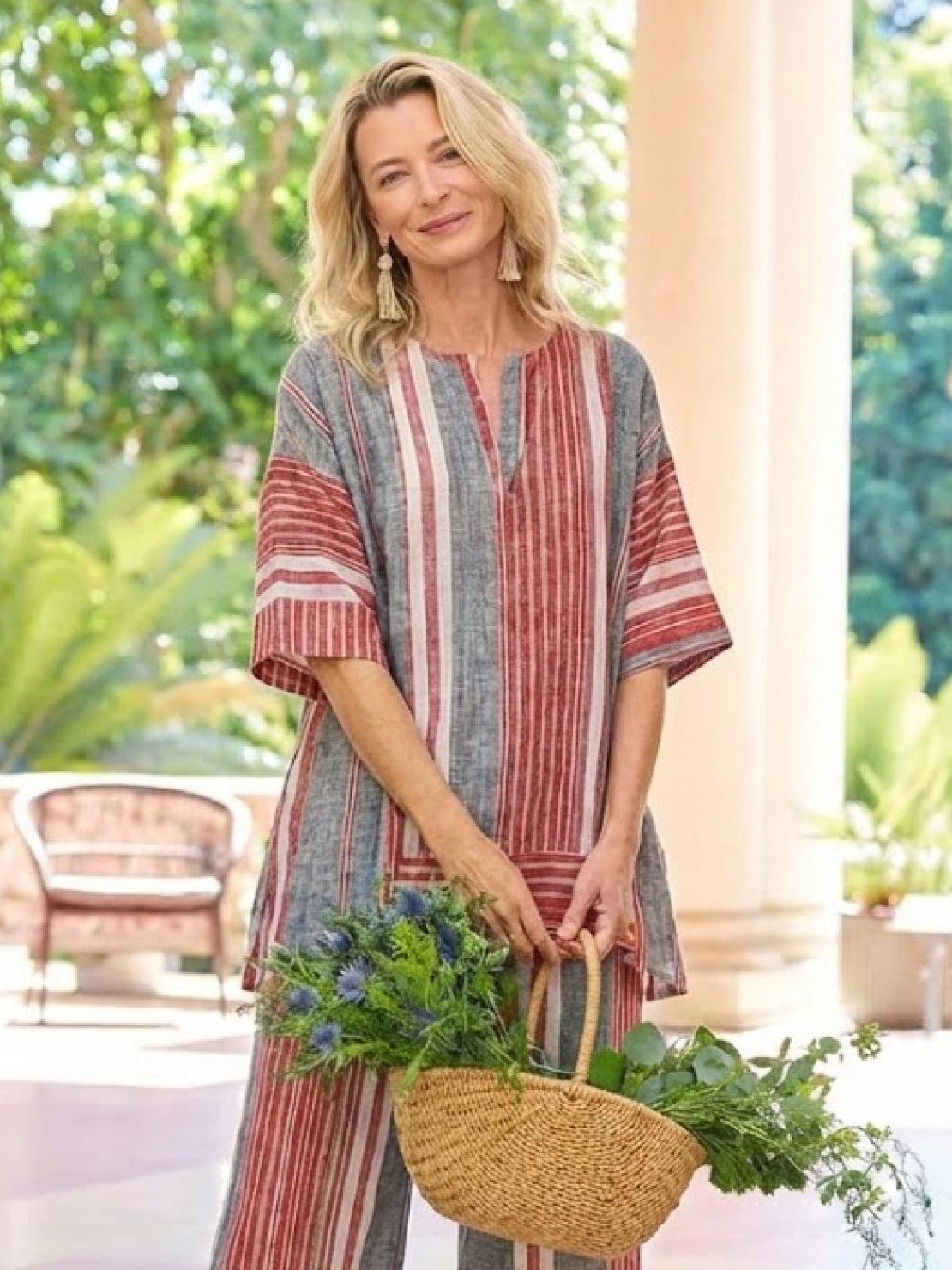 Women's Striped Two Piece Set with Tee and Wide Leg Trousers