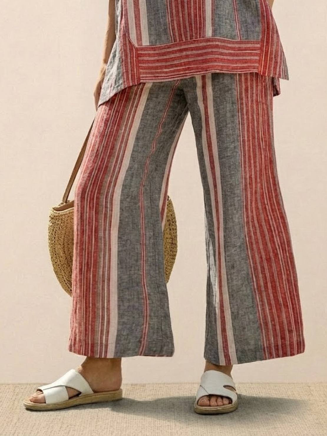 Women's Striped Two Piece Set with Tee and Wide Leg Trousers