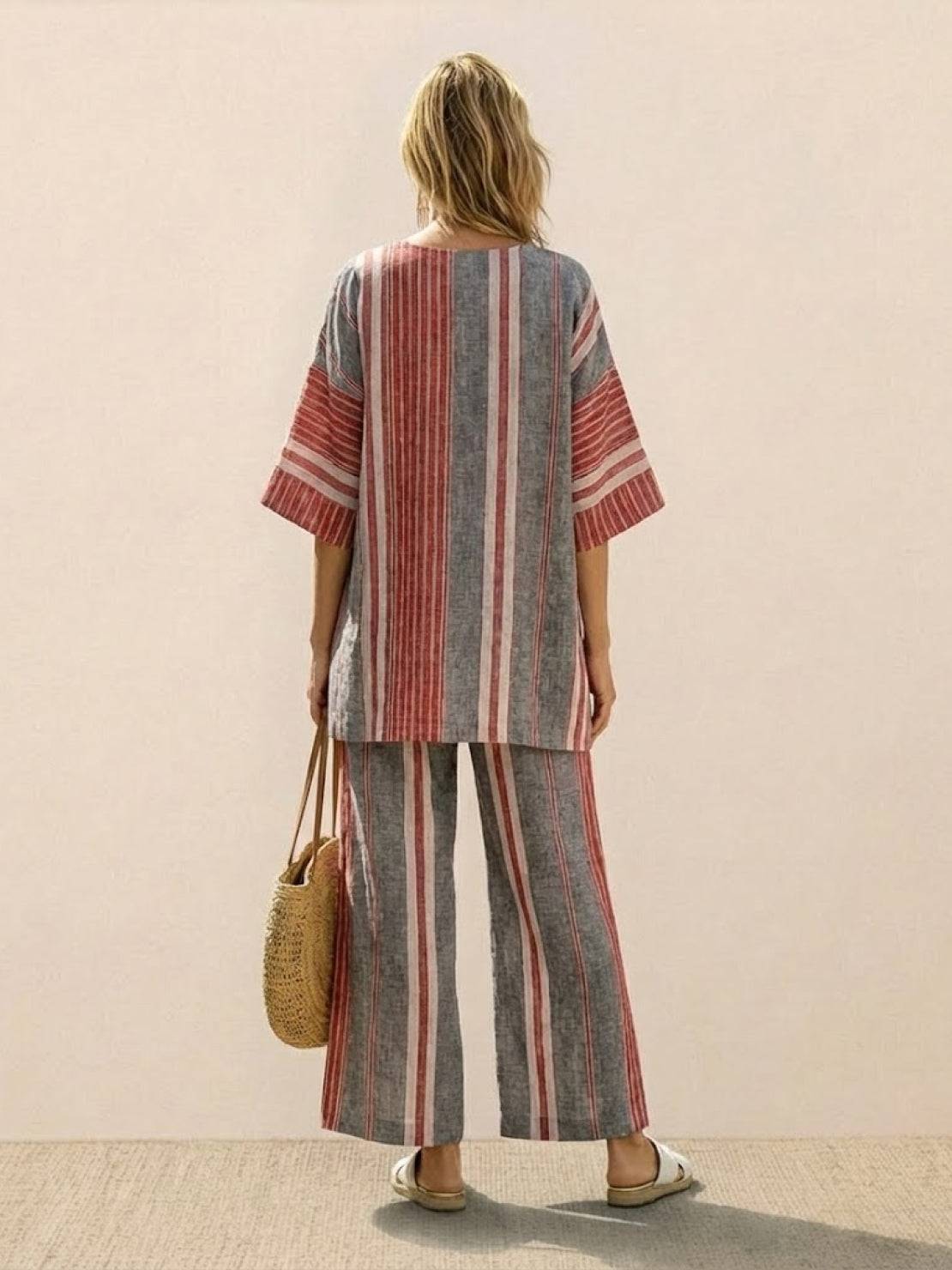 Women's Striped Two Piece Set with Tee and Wide Leg Trousers