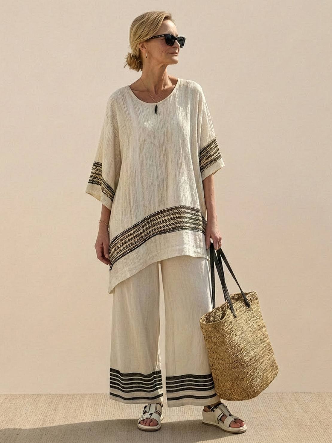 Women's Striped Two Piece Set with Tee and Wide Leg Trousers