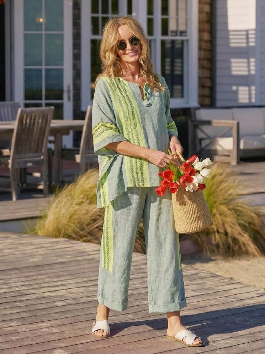 Women's Striped Two Piece Set with Tee and Wide Leg Trousers