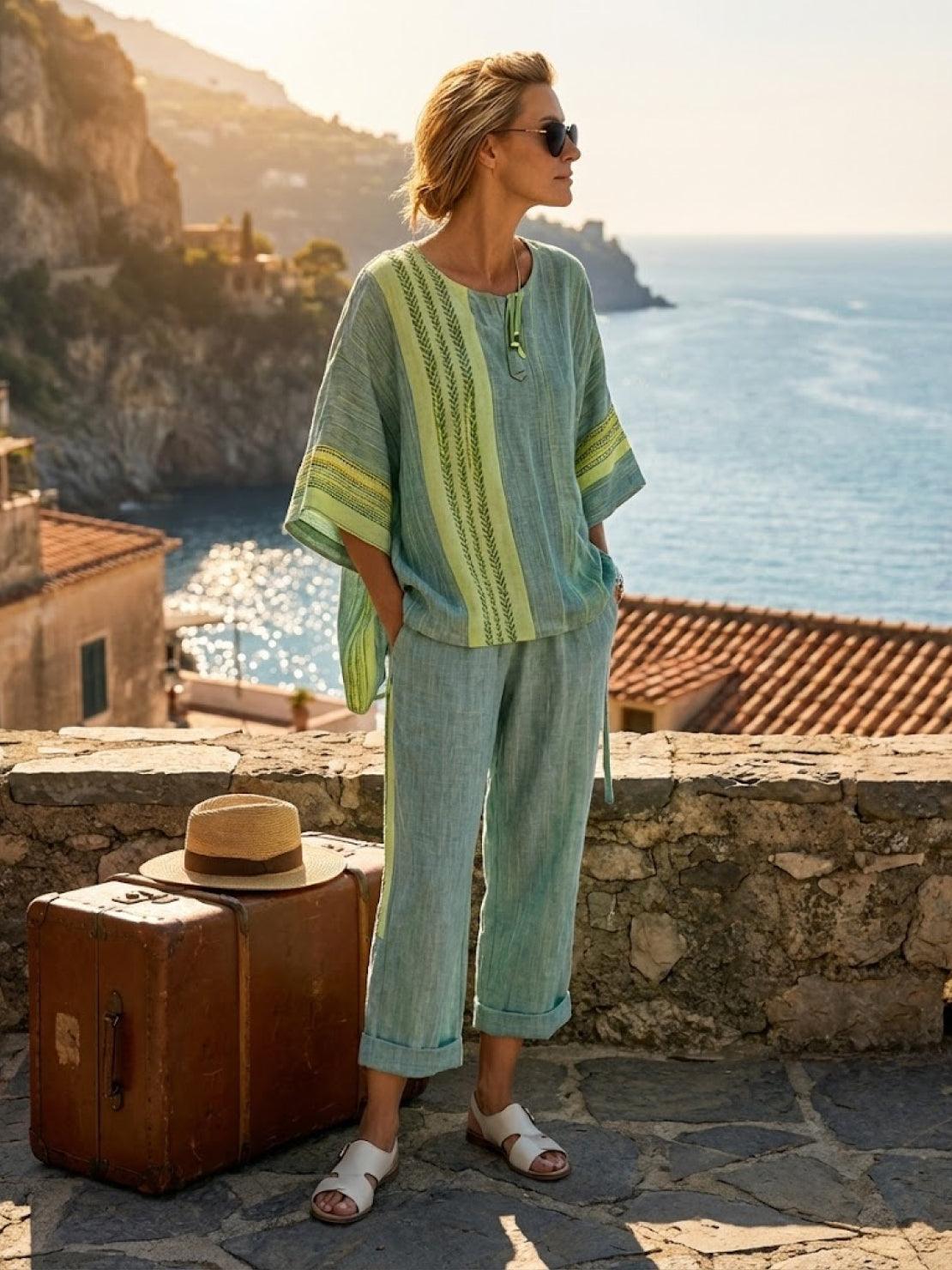 Women's Striped Two Piece Set with Tee and Wide Leg Trousers