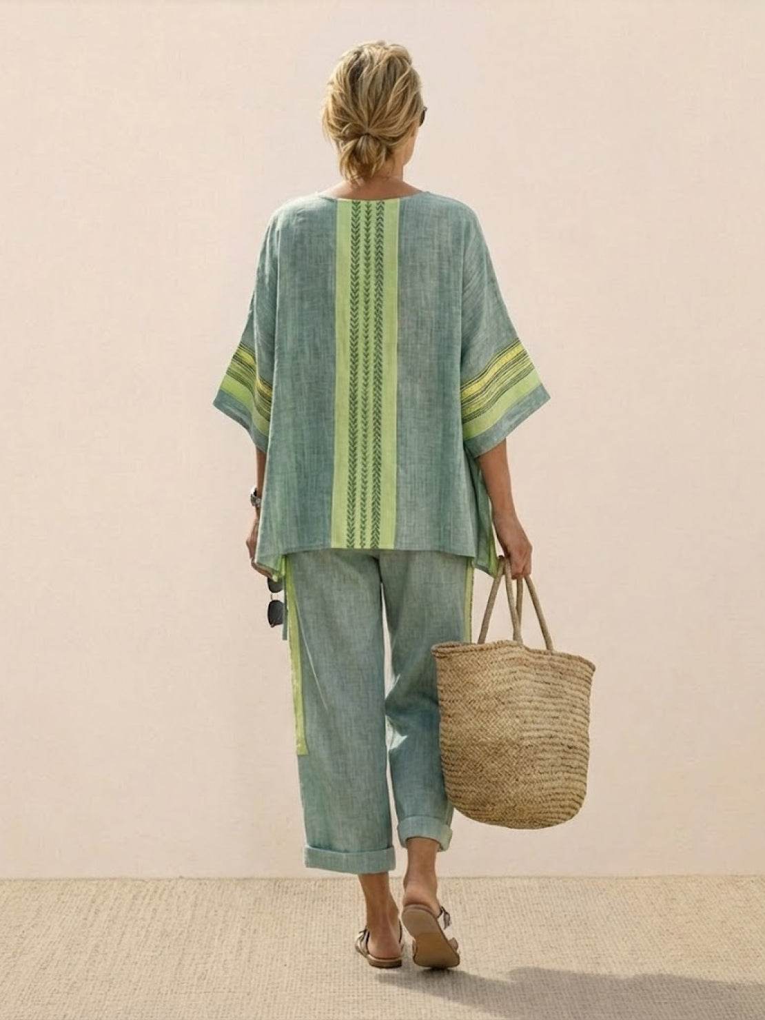 Women's Striped Two Piece Set with Tee and Wide Leg Trousers