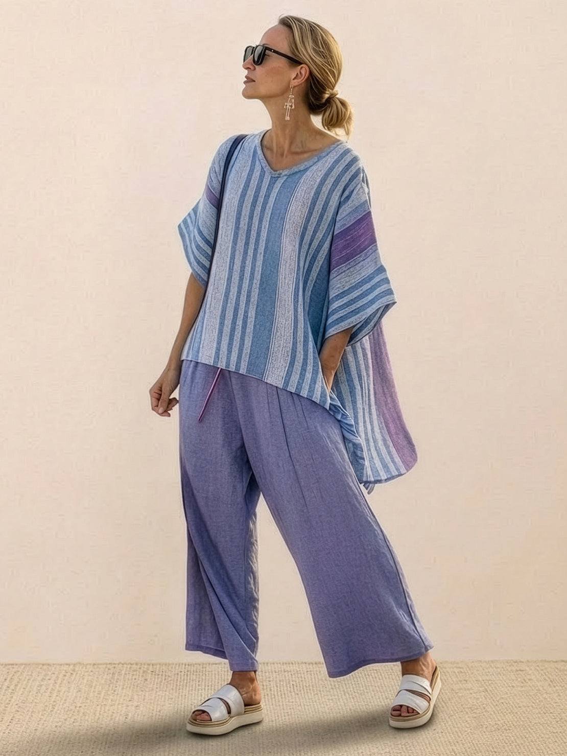 Women's Striped Two Piece Set with Tee and Wide Leg Trousers