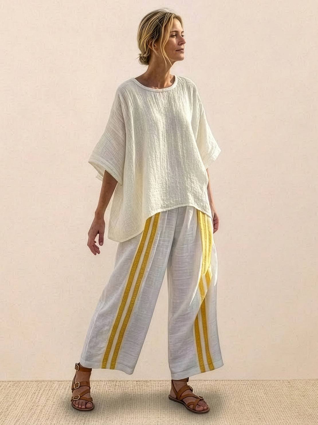 Women's Striped Two Piece Set with Tee and Wide Leg Trousers