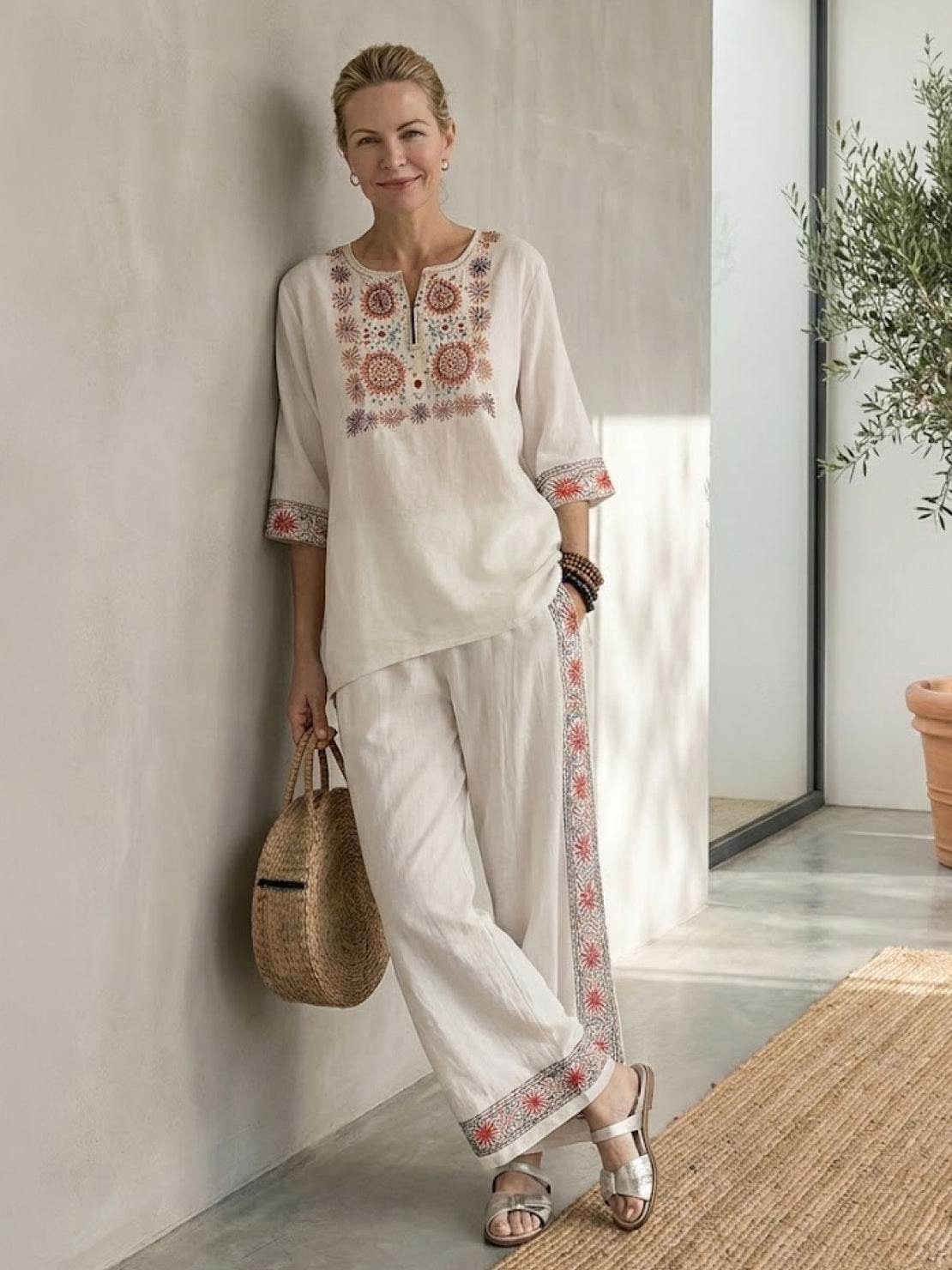 Women's Striped Two Piece Set with Tee and Wide Leg Trousers