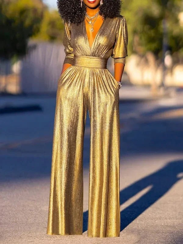 Xia - Women's jumpsuit with long sleeves and a shiny satin effect - photo 8