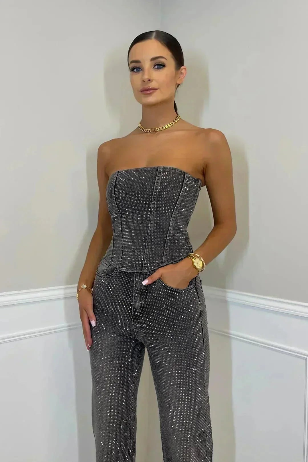 Abigail - Women's strapless wide-leg evening jumpsuit - photo 4