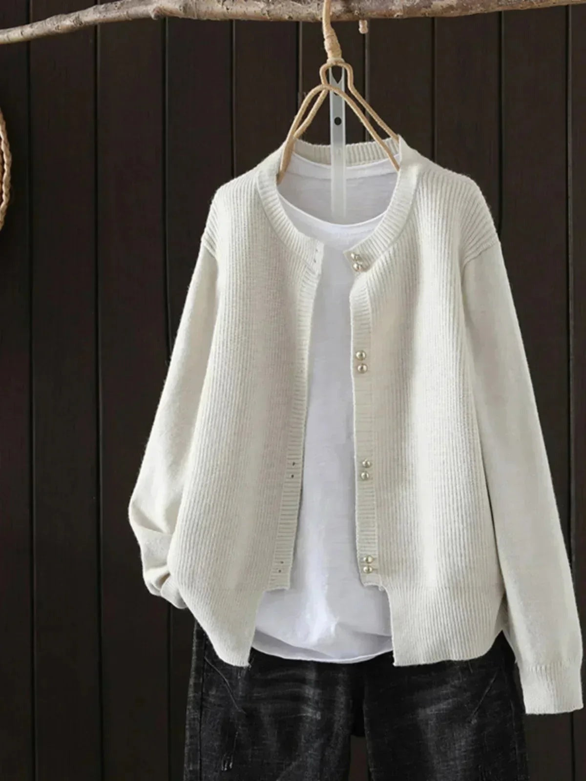 Peggy - Women's Crew Neck Cardigan with Ribbed Texture