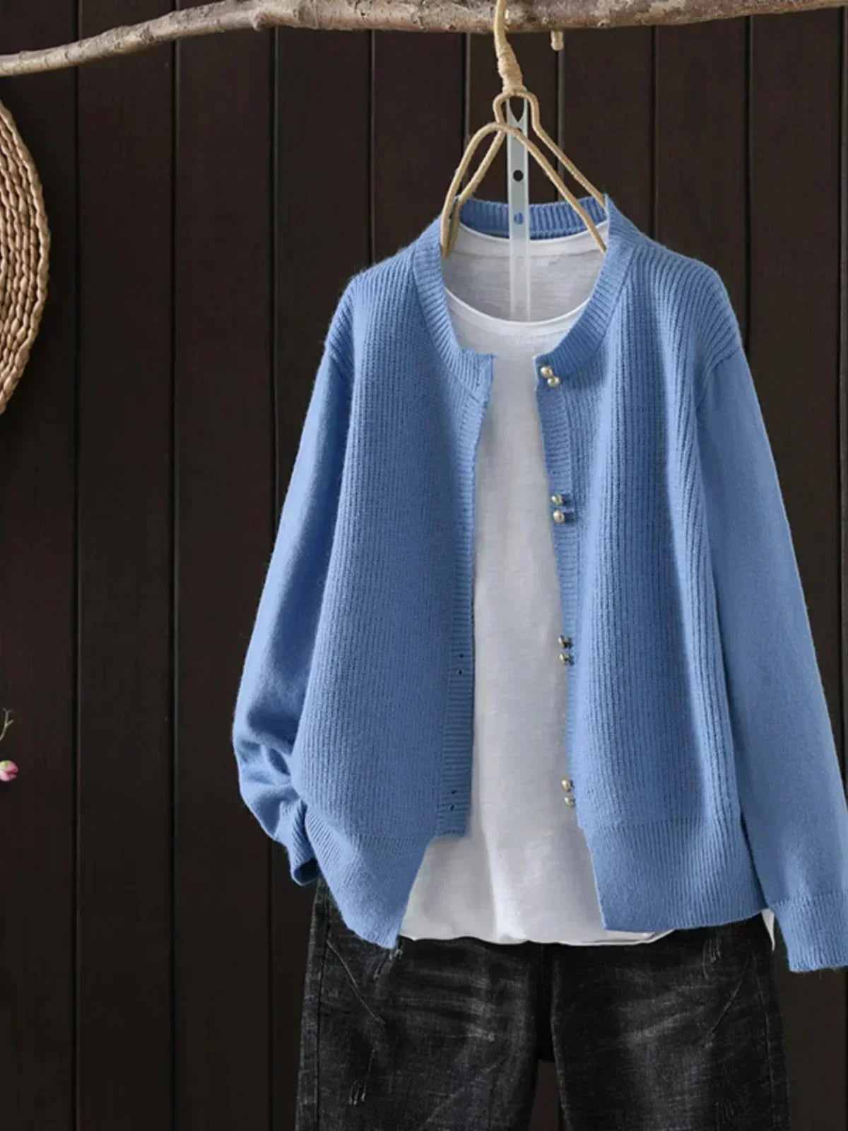 Izaro - Women's Crew Neck Cardigan with Ribbed Texture