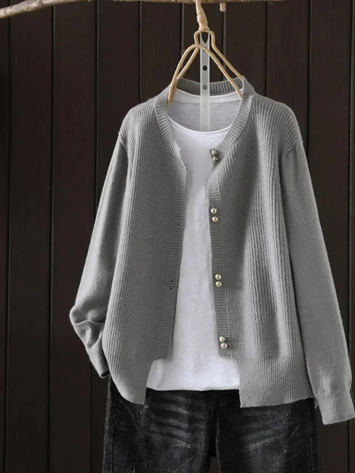 Peggy - Women's Crew Neck Cardigan with Ribbed Texture
