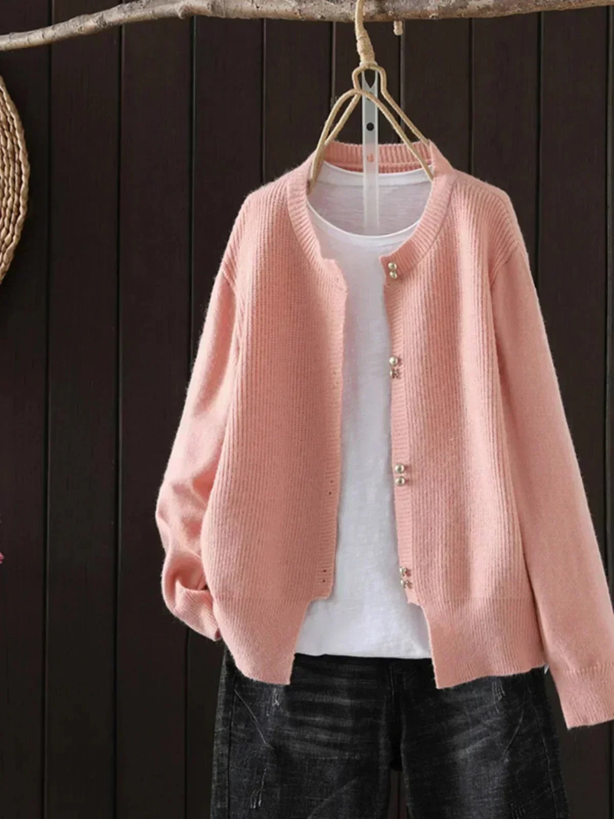 Peggy - Women's Crew Neck Cardigan with Ribbed Texture