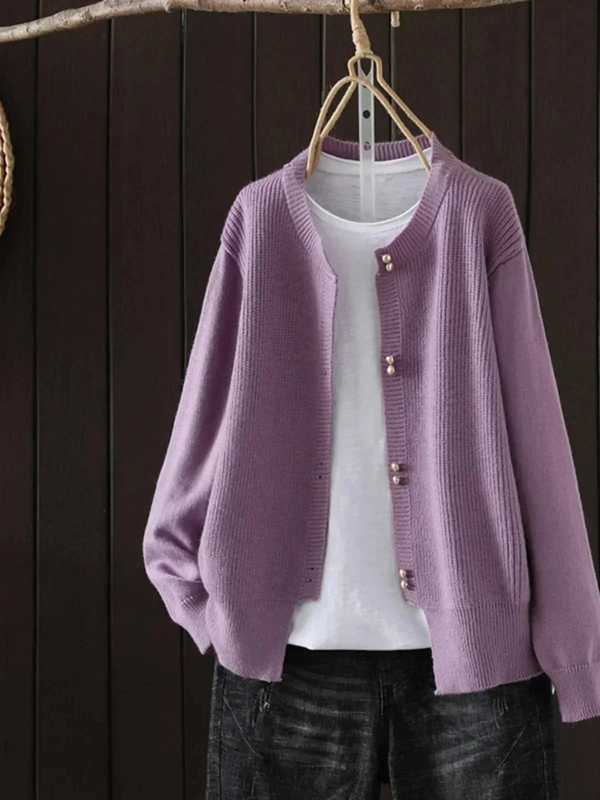 Izaro - Women's Crew Neck Cardigan with Ribbed Texture
