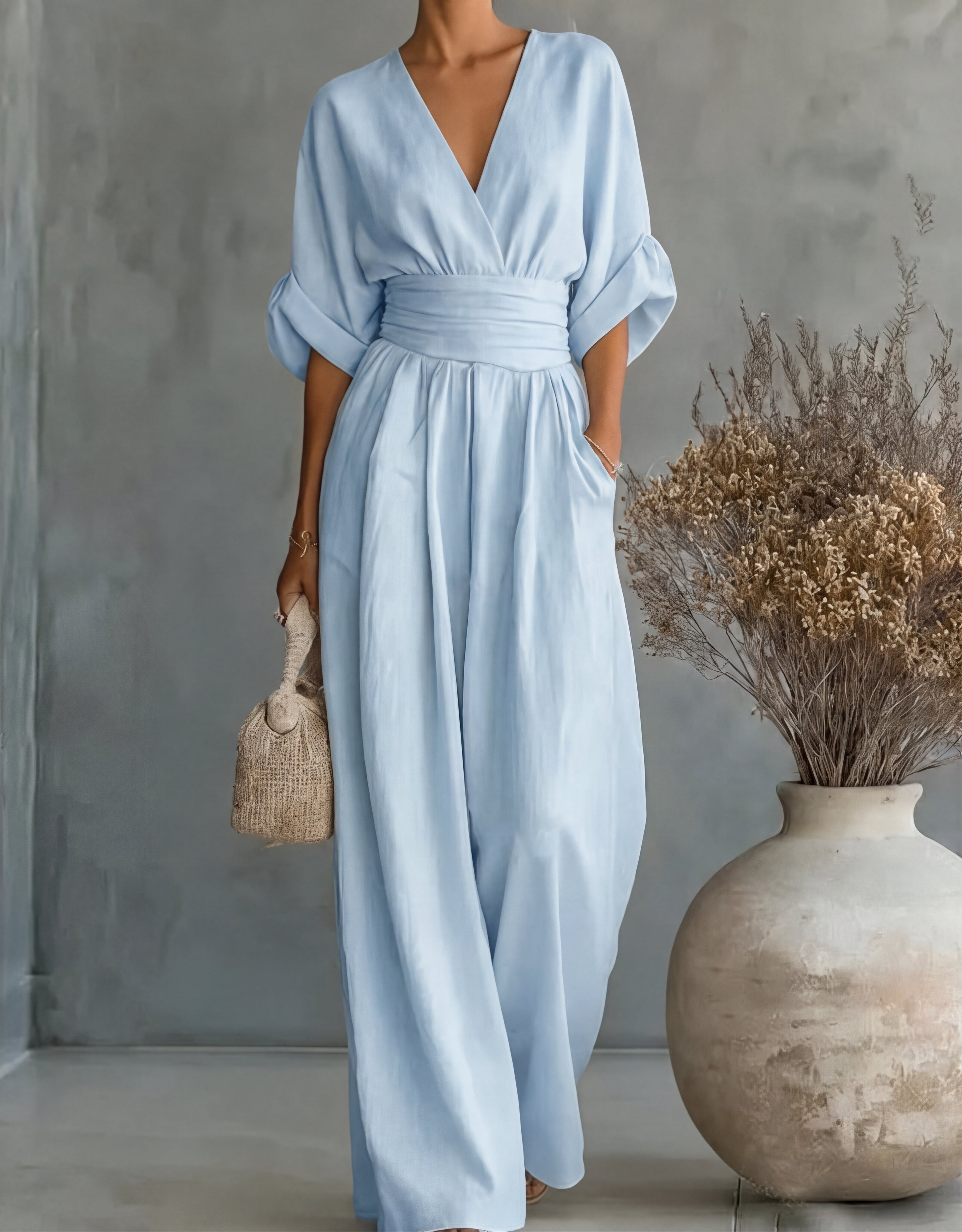 Women's Wide Leg Jumpsuit with Crossover Neckline