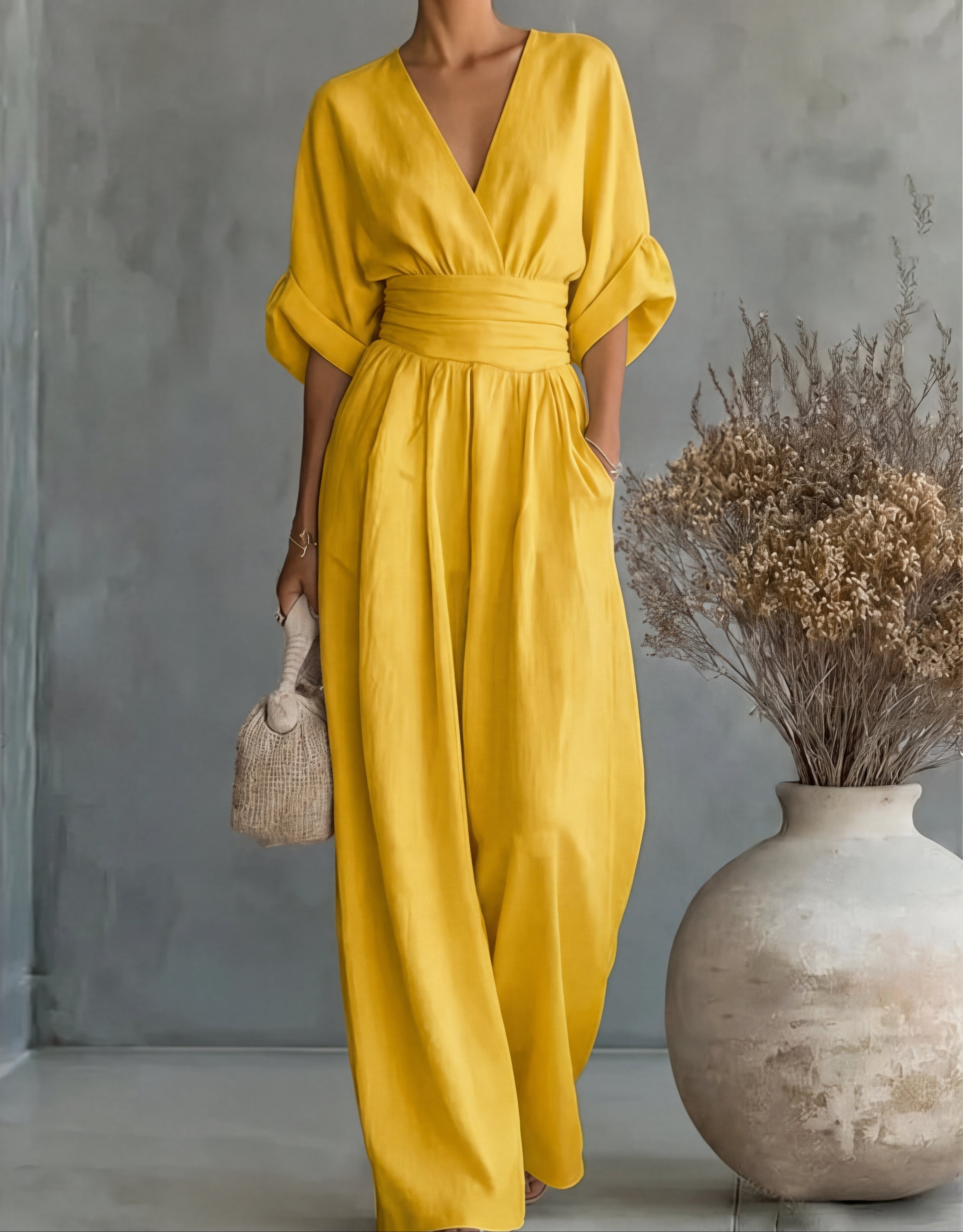 Women's Wide Leg Jumpsuit with Crossover Neckline