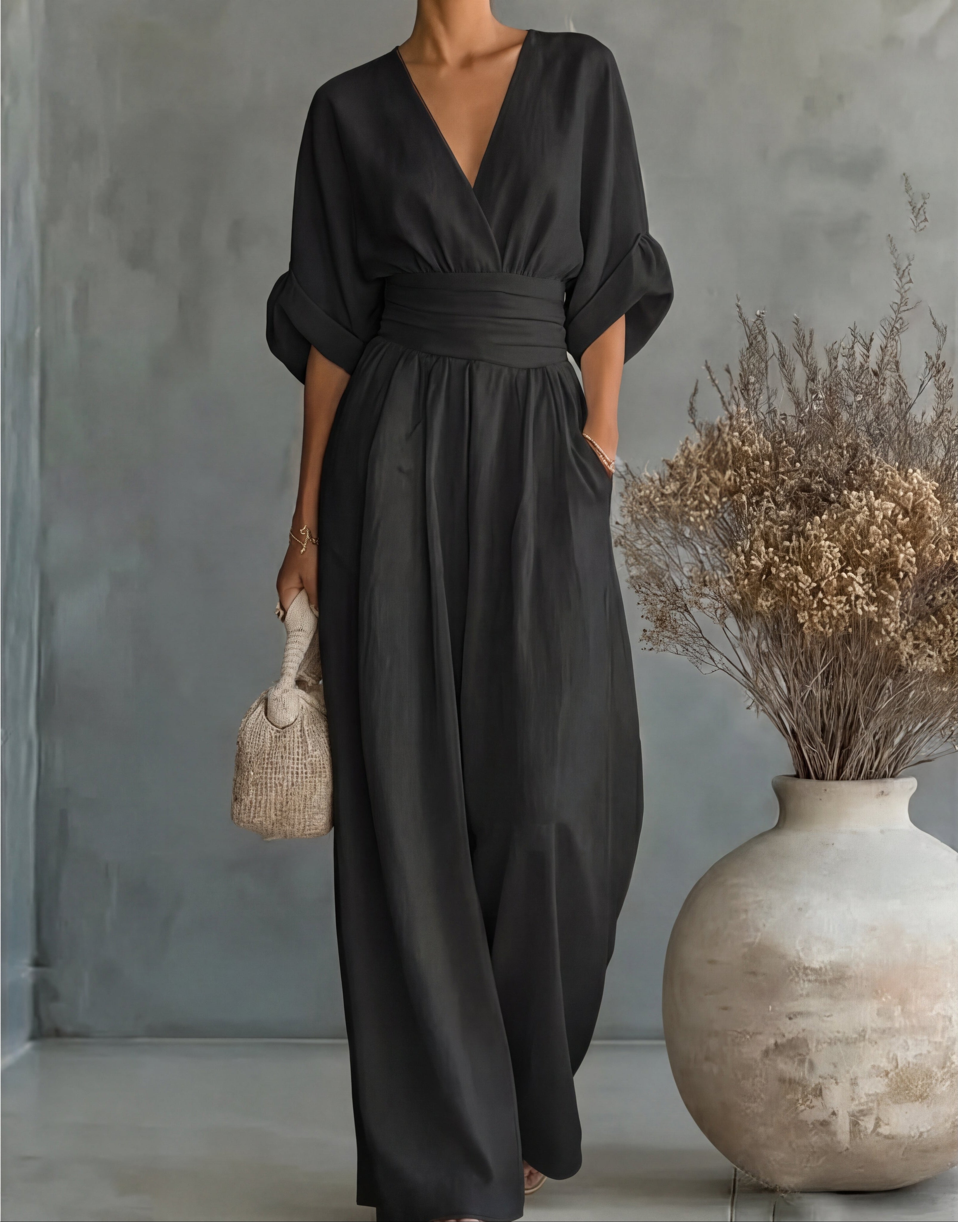 Women's Wide Leg Jumpsuit with Crossover Neckline