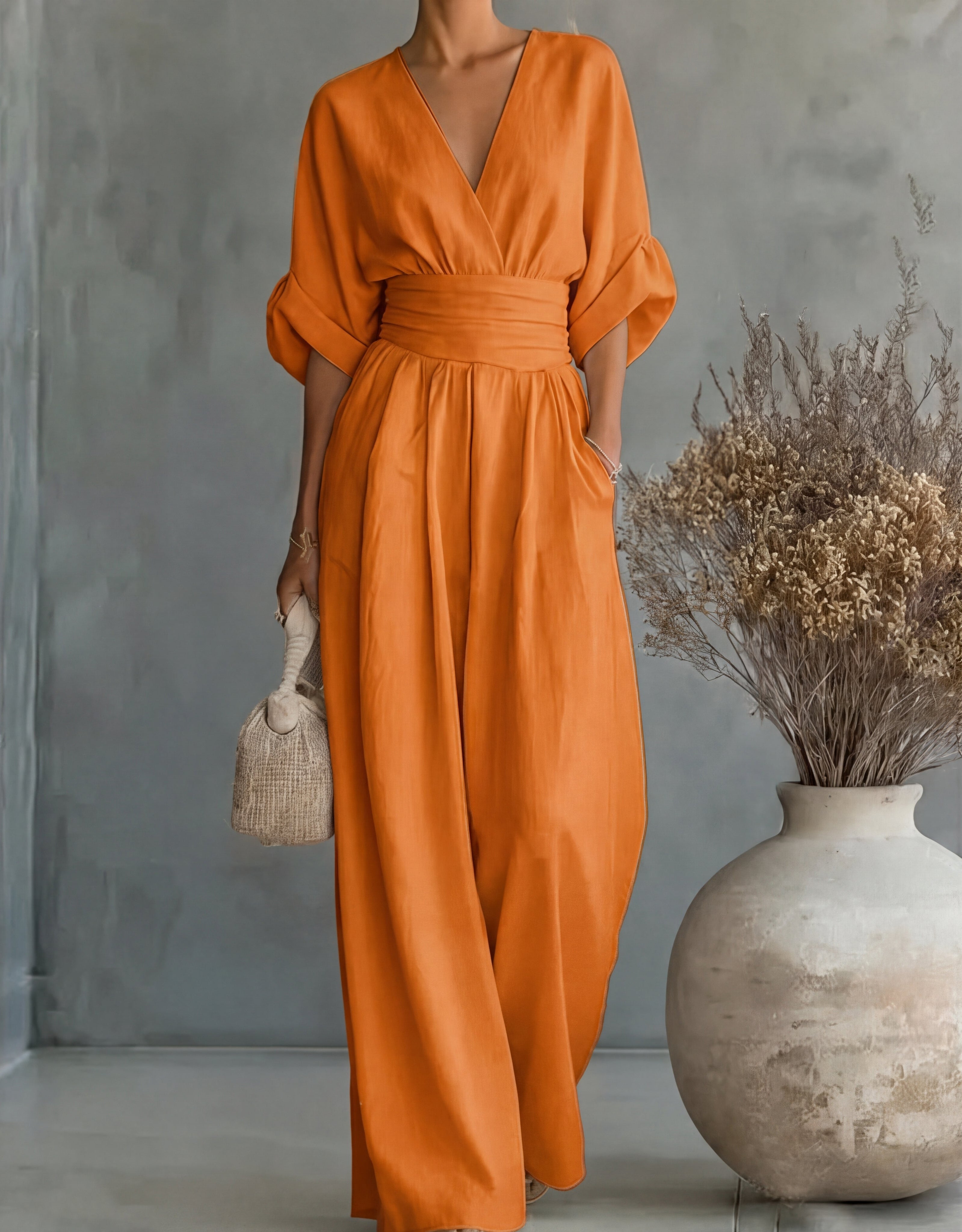 Women's Wide Leg Jumpsuit with Crossover Neckline