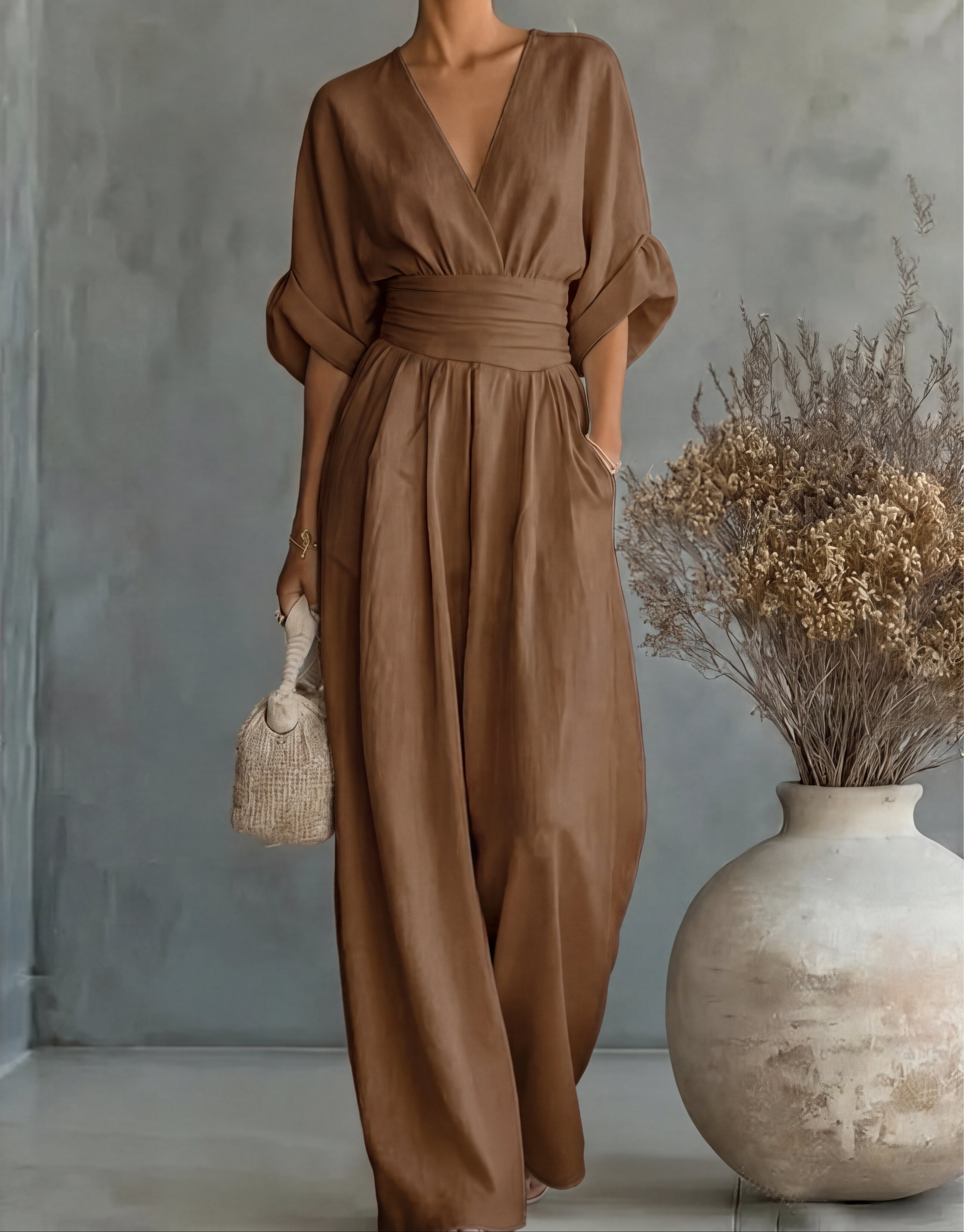 Women's Wide Leg Jumpsuit with Crossover Neckline