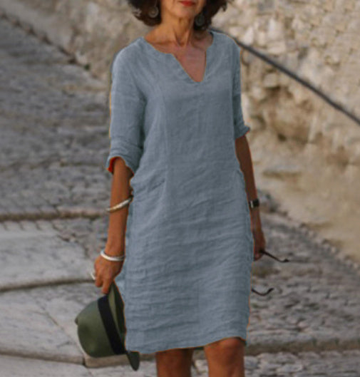 Women's Relaxed Fit Casual V-Neck Linen-Style Midi Dress for Summer