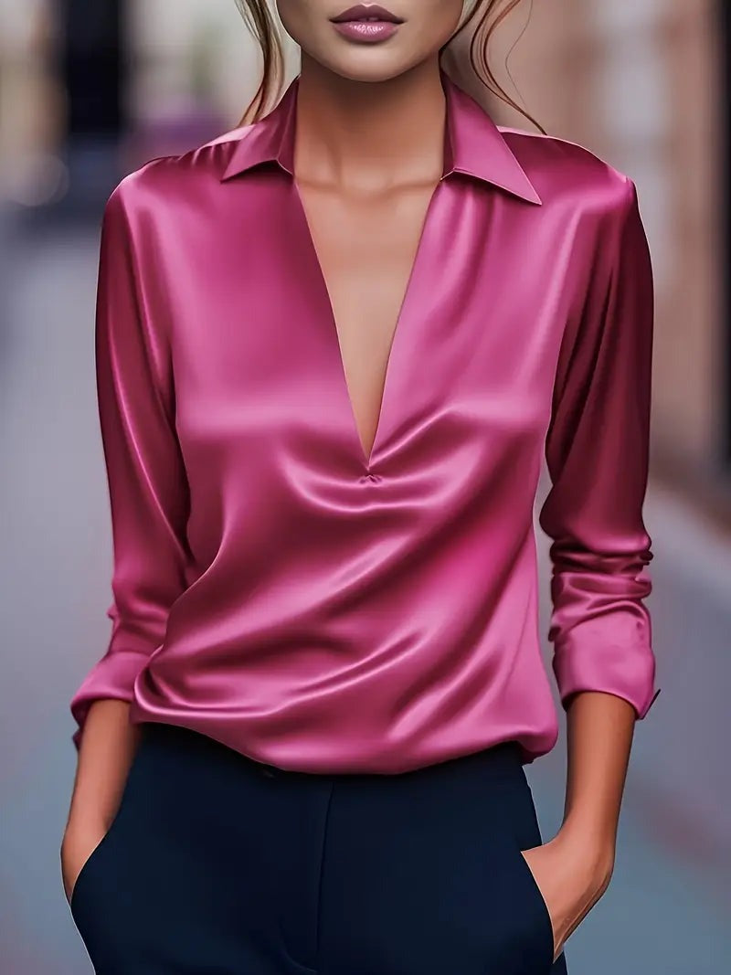 Women's V Neck Blouse with Satin Finish and Flowing Drape - photo 2