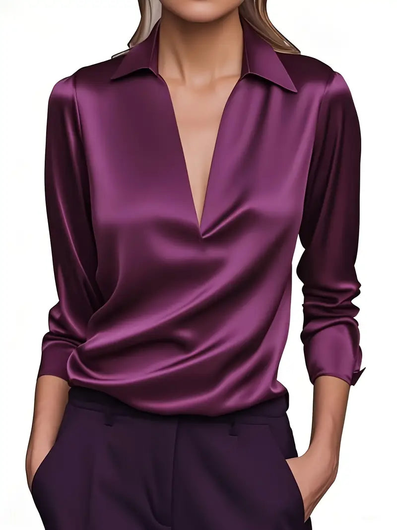 Women's V Neck Blouse with Satin Finish and Flowing Drape